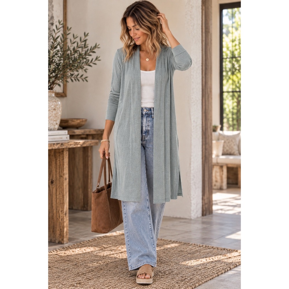 Eileen Fisher Organic Linen Cotton Long Cardigan M Blue Gray Open Front Coastal
